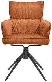 Vorderansicht eines modernen Armlehnstuhls mit braunem Stoffbezug und schwarzem Metallgestell.