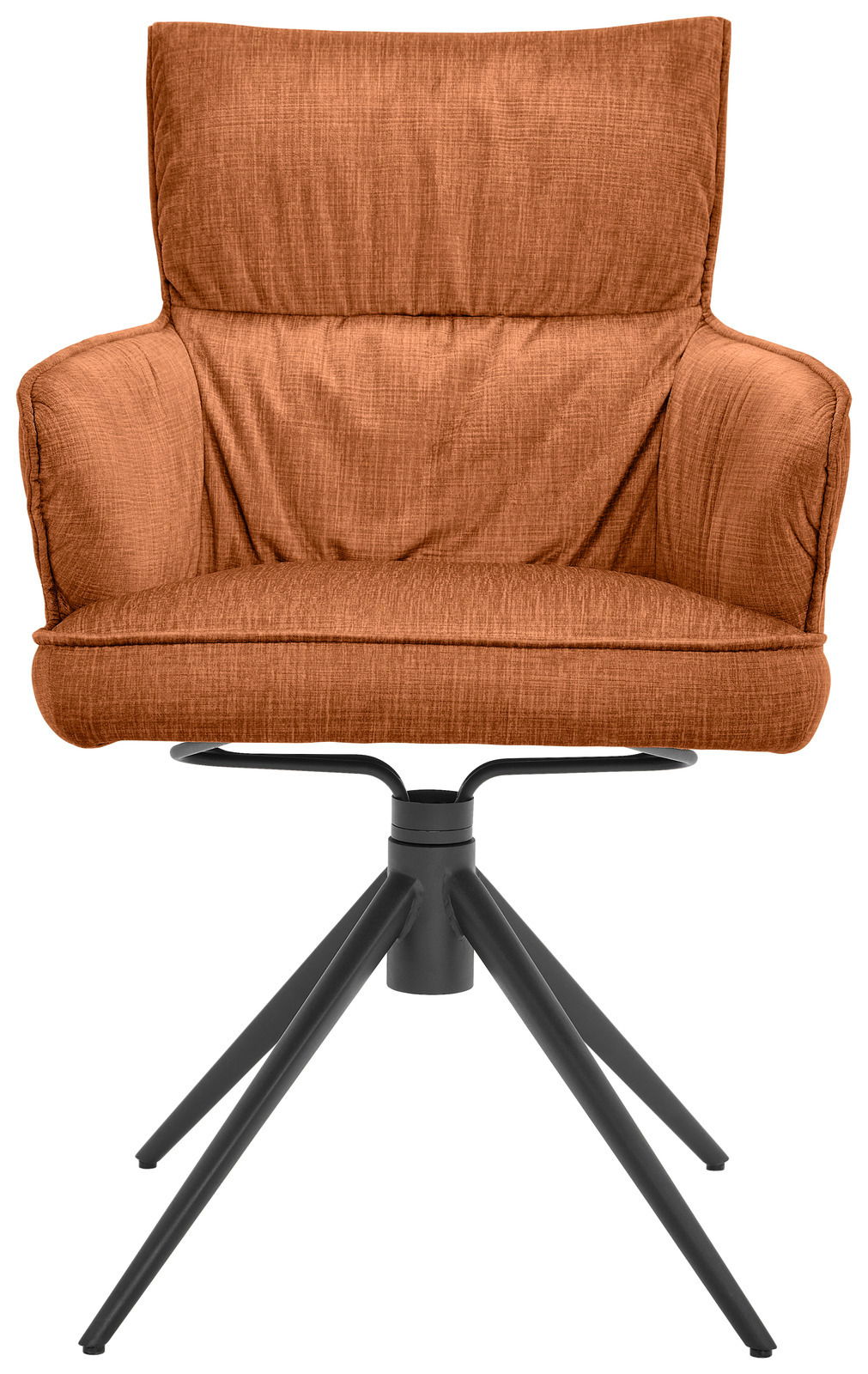 Vorderansicht eines modernen Armlehnstuhls mit braunem Stoffbezug und schwarzem Metallgestell.