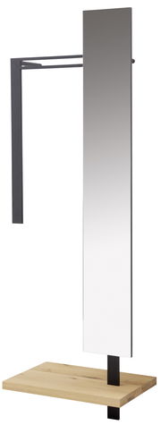 Moderne Anstellgarderobe mit rechteckigem Spiegel, schwarzem Metallrahmen und Holzablage, seitliche Perspektive.