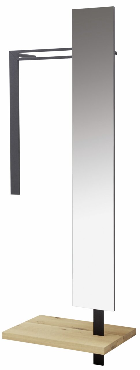 Moderne Anstellgarderobe mit rechteckigem Spiegel, schwarzem Metallrahmen und Holzablage, seitliche Perspektive.