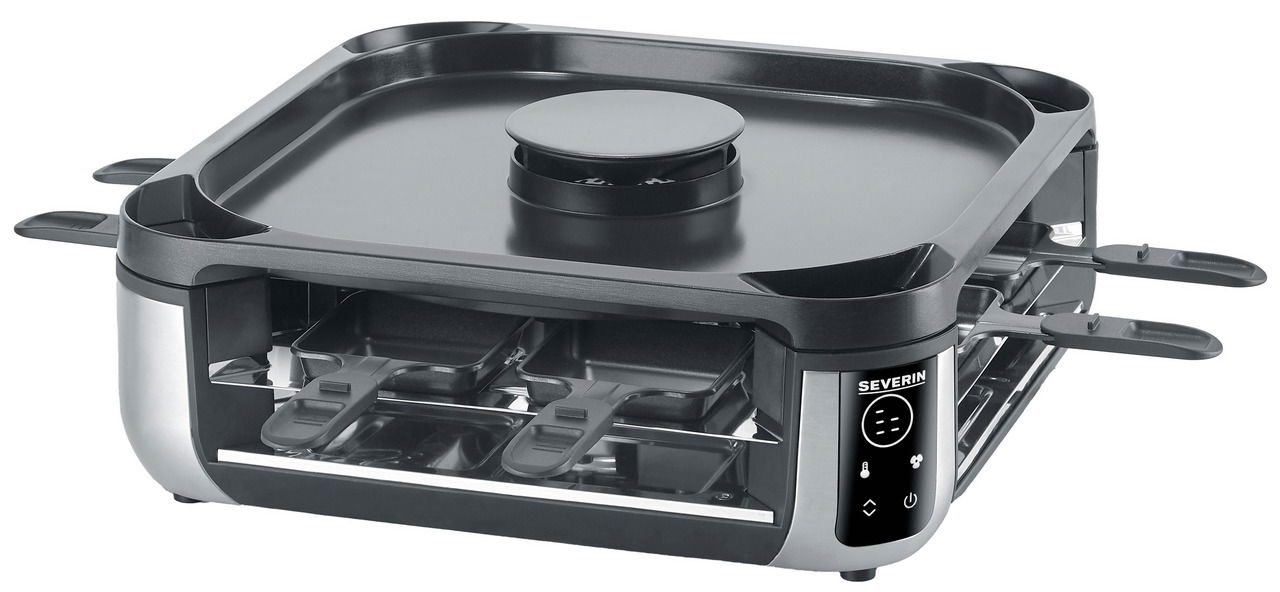 Severin Smokeless Raclette Smokeless Raclette-Grill in schräger Perspektive mit mehreren Pfännchen und digitalem Bedienfeld.