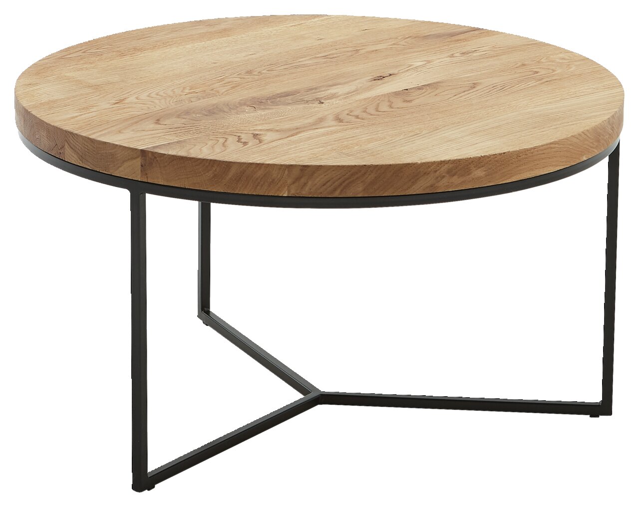 Runder Beistelltisch mit Holzplatte und schwarzem Metallgestell, seitliche Perspektive