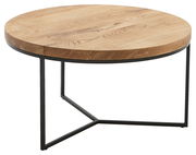 Runder Beistelltisch mit Holzplatte und schwarzem Metallgestell, seitliche Perspektive