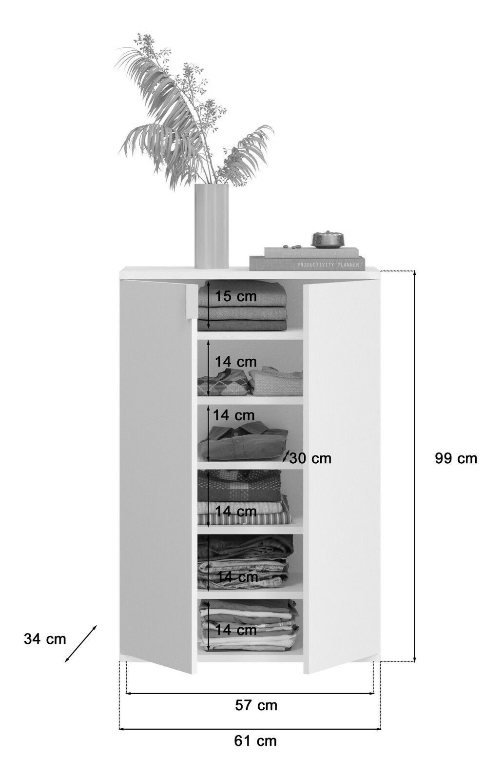 Garderobenkombination mit offenen Türen, zeigt mehrere Regalböden mit gefalteter Kleidung, dekoriert mit einer Vase und Büchern auf der Oberseite, Frontalansicht.
