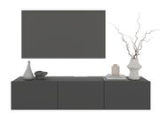 Frontale Ansicht eines modernen, dunkelgrauen TV-Hängelowboards mit Dekorationen wie Vasen und Bücher.