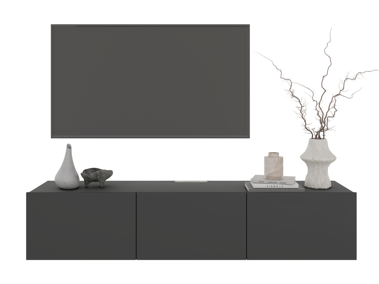 Frontale Ansicht eines modernen, dunkelgrauen TV-Hängelowboards mit Dekorationen wie Vasen und Bücher.