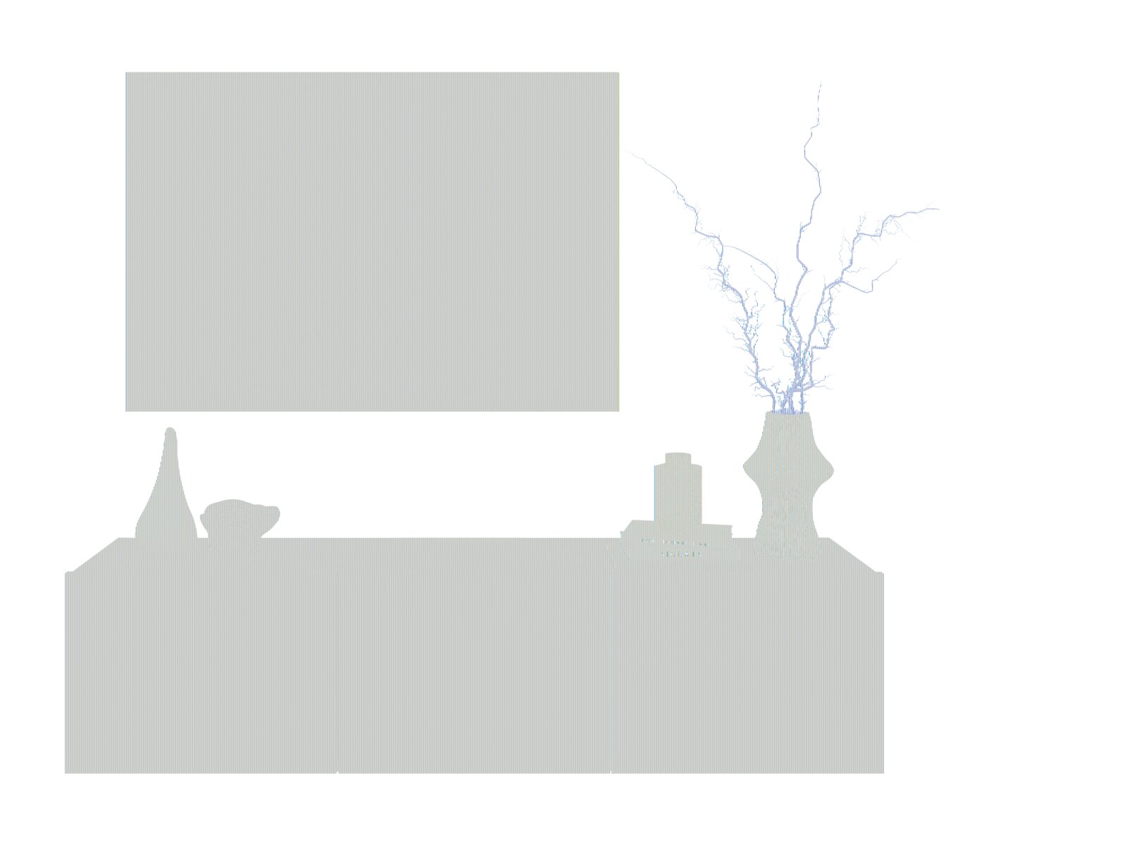 Frontale Ansicht eines modernen, dunkelgrauen TV-Hängelowboards mit Dekorationen wie Vasen und Bücher.