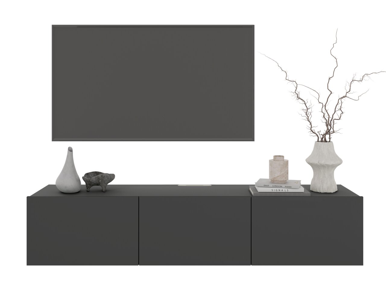 Vooraanzicht van een modern, donkergrijs hangend tv-meubel met decoraties zoals vazen en boeken.