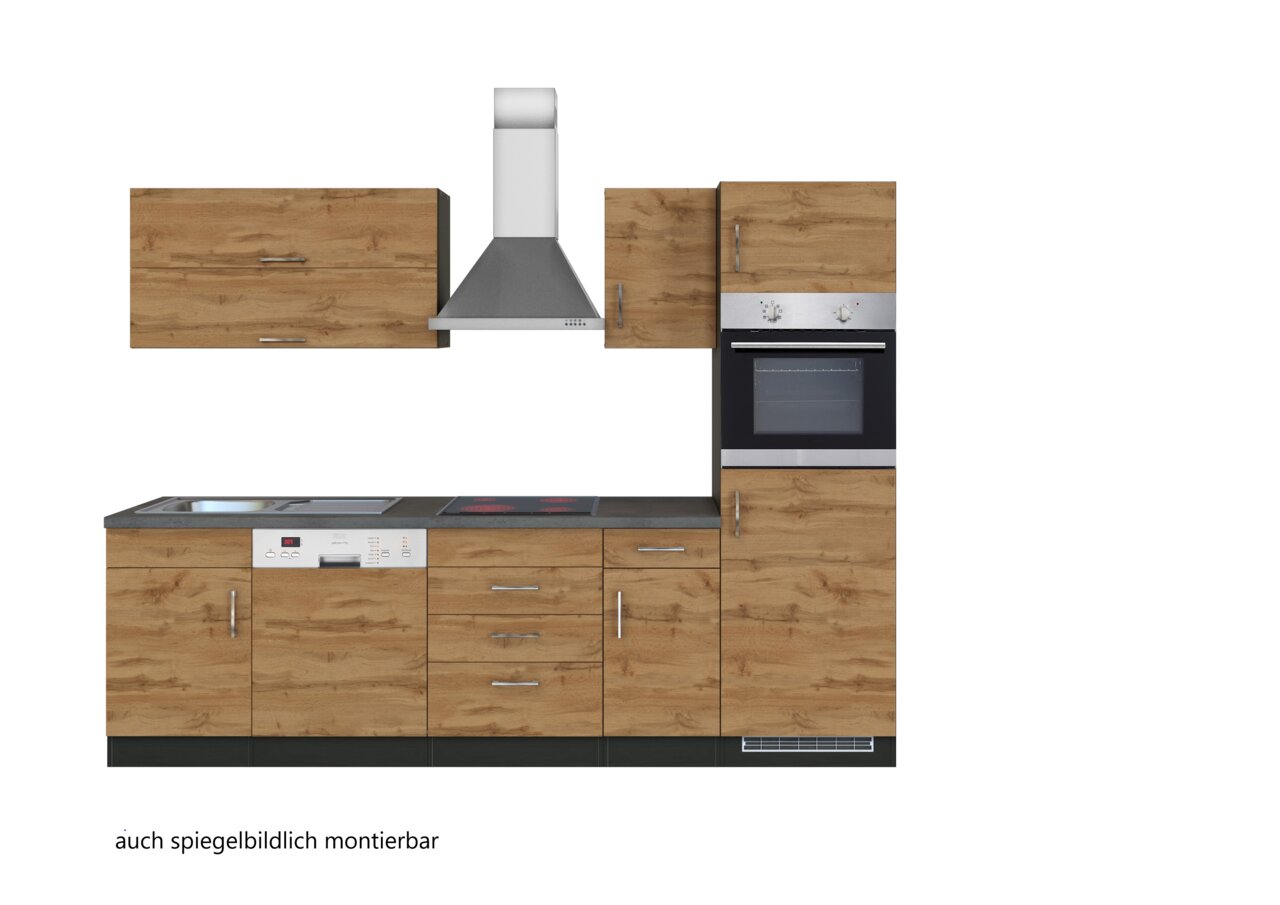 Küchenzeile in Holzoptik mit Herd, Backofen und Dunstabzugshaube, frontale Ansicht