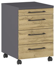 Rollcontainer mit vier Schubladen in Holzoptik und grauer Oberseite, auf Rollen, seitliche Perspektive