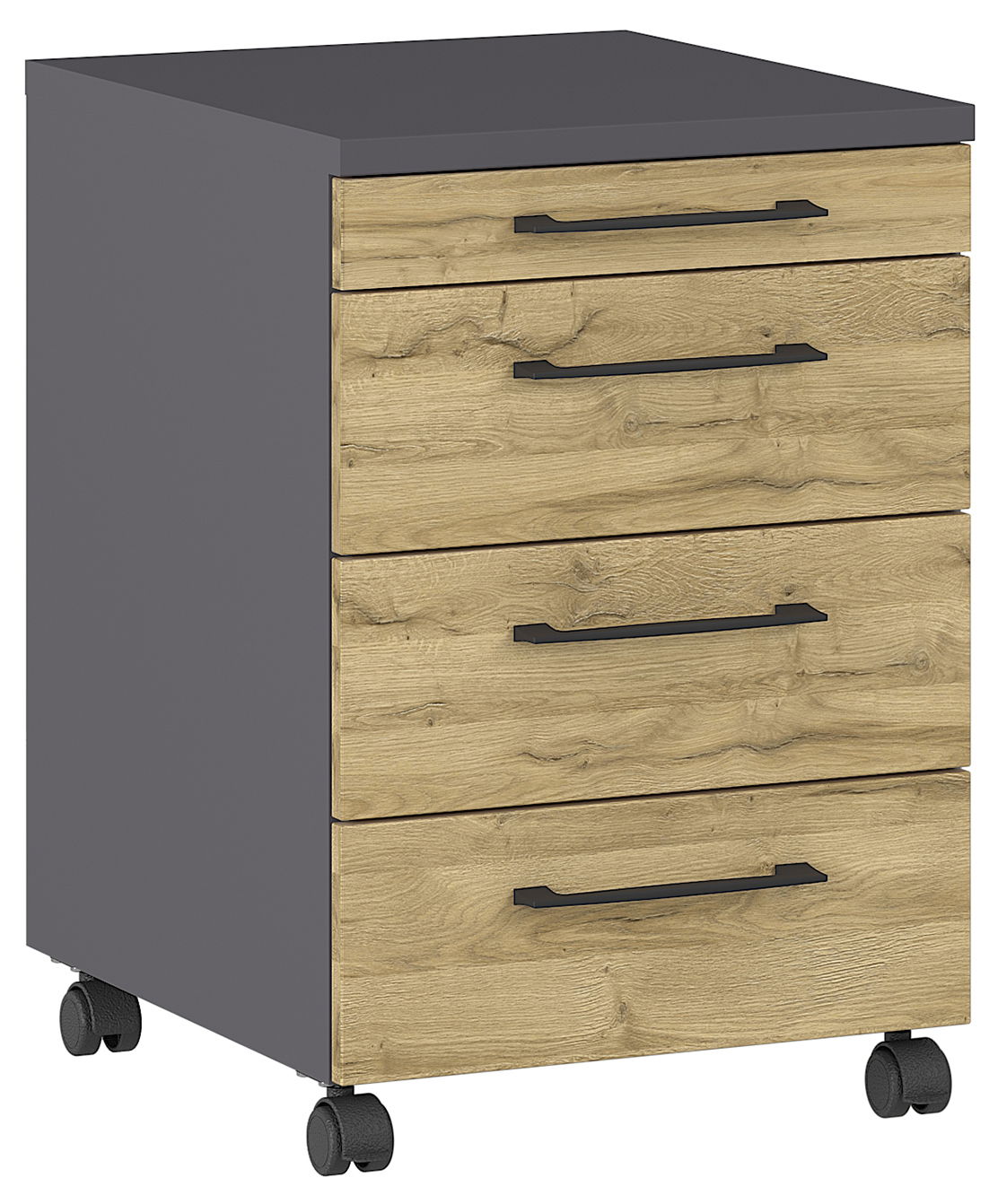 MID.YOU Rollcontainer PROFI 2.0 Rollcontainer mit vier Schubladen in Holzoptik und grauer Oberseite, auf Rollen, seitliche Perspektive