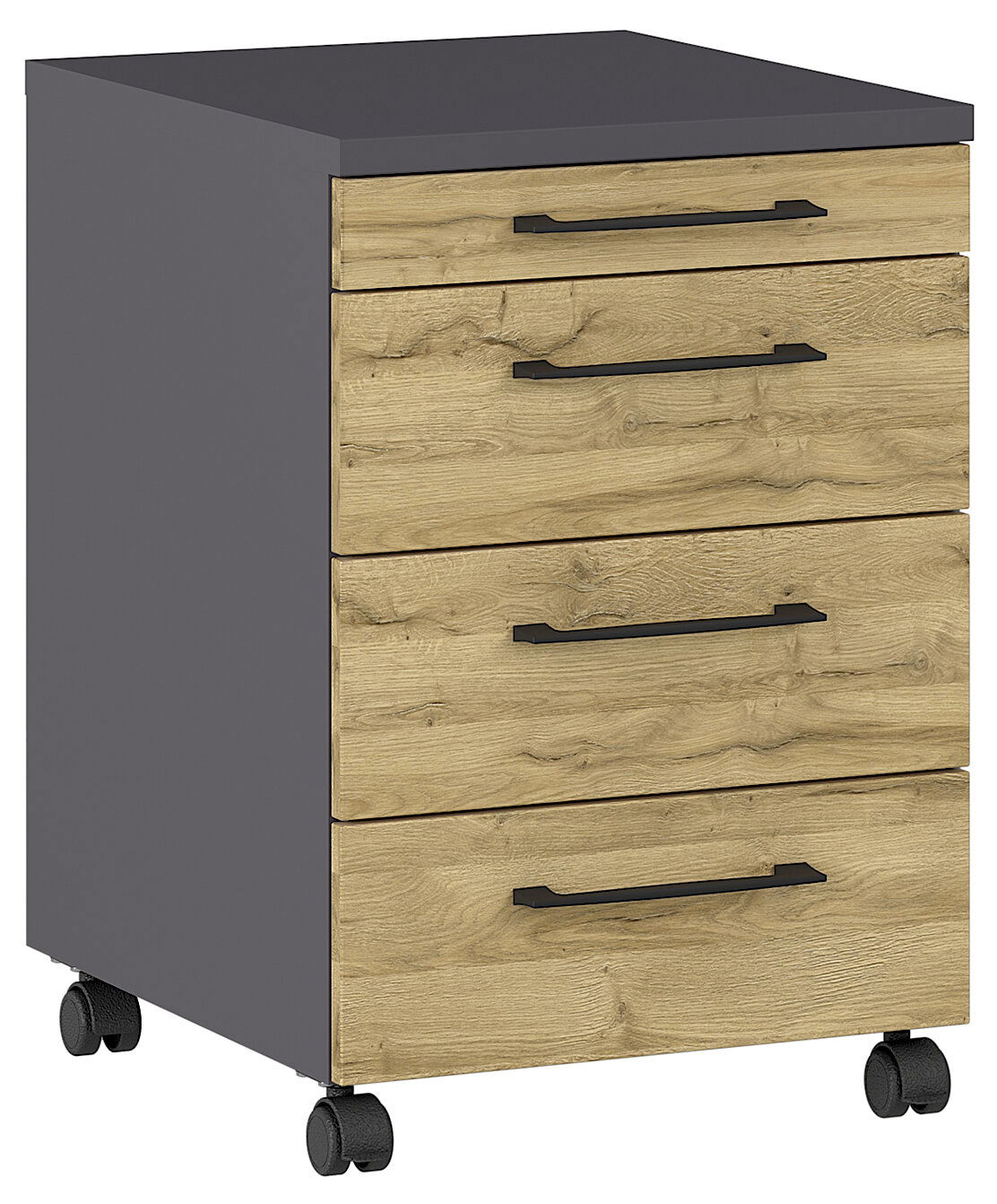 MID.YOU Rollcontainer PROFI 2.0 Rollcontainer mit vier Schubladen in Holzoptik und grauer Oberseite, auf Rollen, seitliche Perspektive