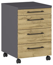 Rollcontainer mit vier Schubladen in Holzoptik und grauer Oberseite, auf Rollen, seitliche Perspektive