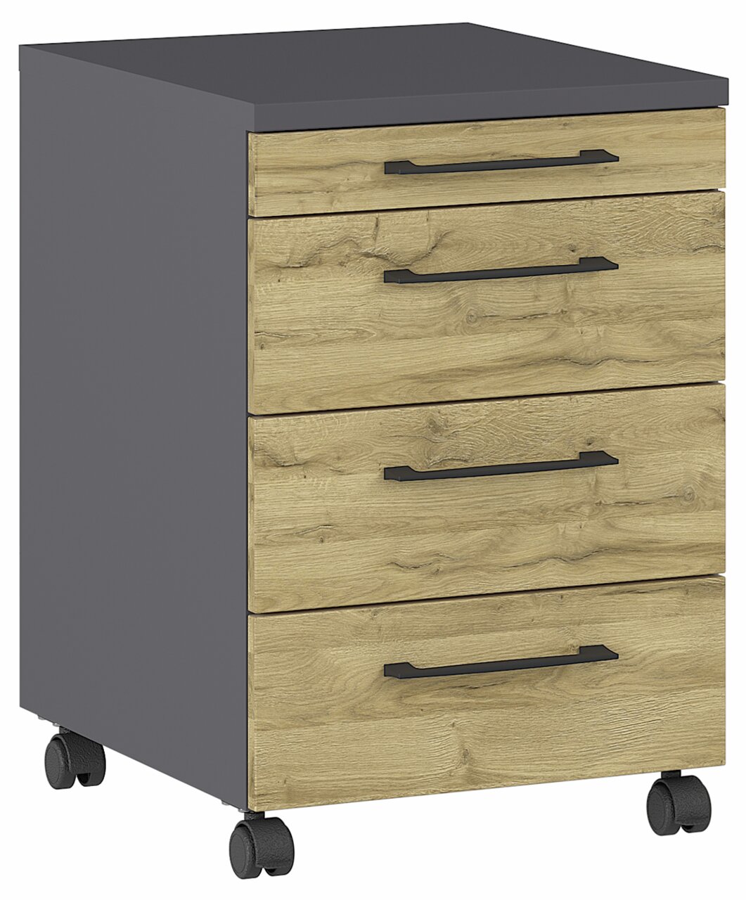 MID.YOU Rollcontainer PROFI 2.0 Rollcontainer mit vier Schubladen in Holzoptik und grauer Oberseite, auf Rollen, seitliche Perspektive