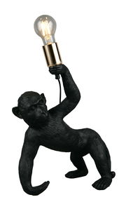 Schwarze Tischleuchte in Form eines Affen, der eine Glühbirne in der Hand hält. Seitliche Perspektive.