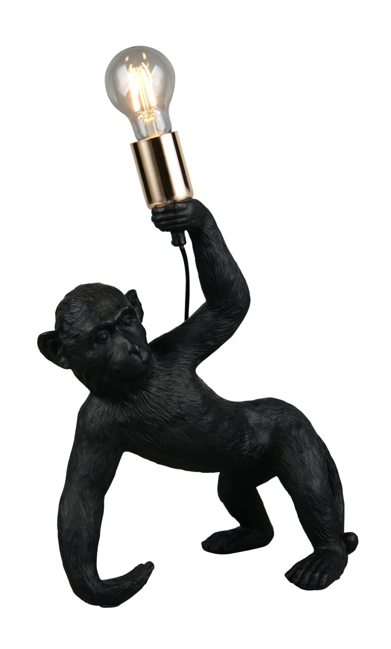 Schwarze Tischleuchte in Form eines Affen, der eine Glühbirne in der Hand hält. Seitliche Perspektive.