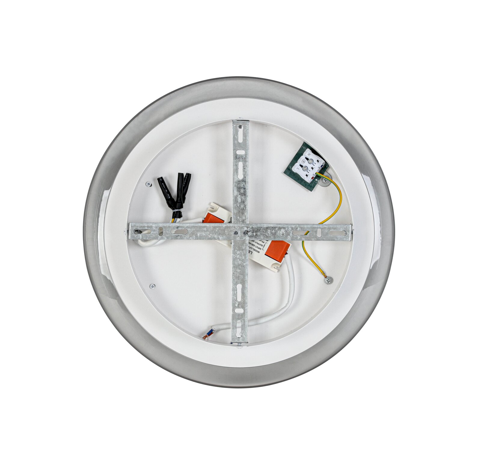 Runde LED-Deckenleuchte von oben mit sichtbarer Verkabelung und Metallhalterung.