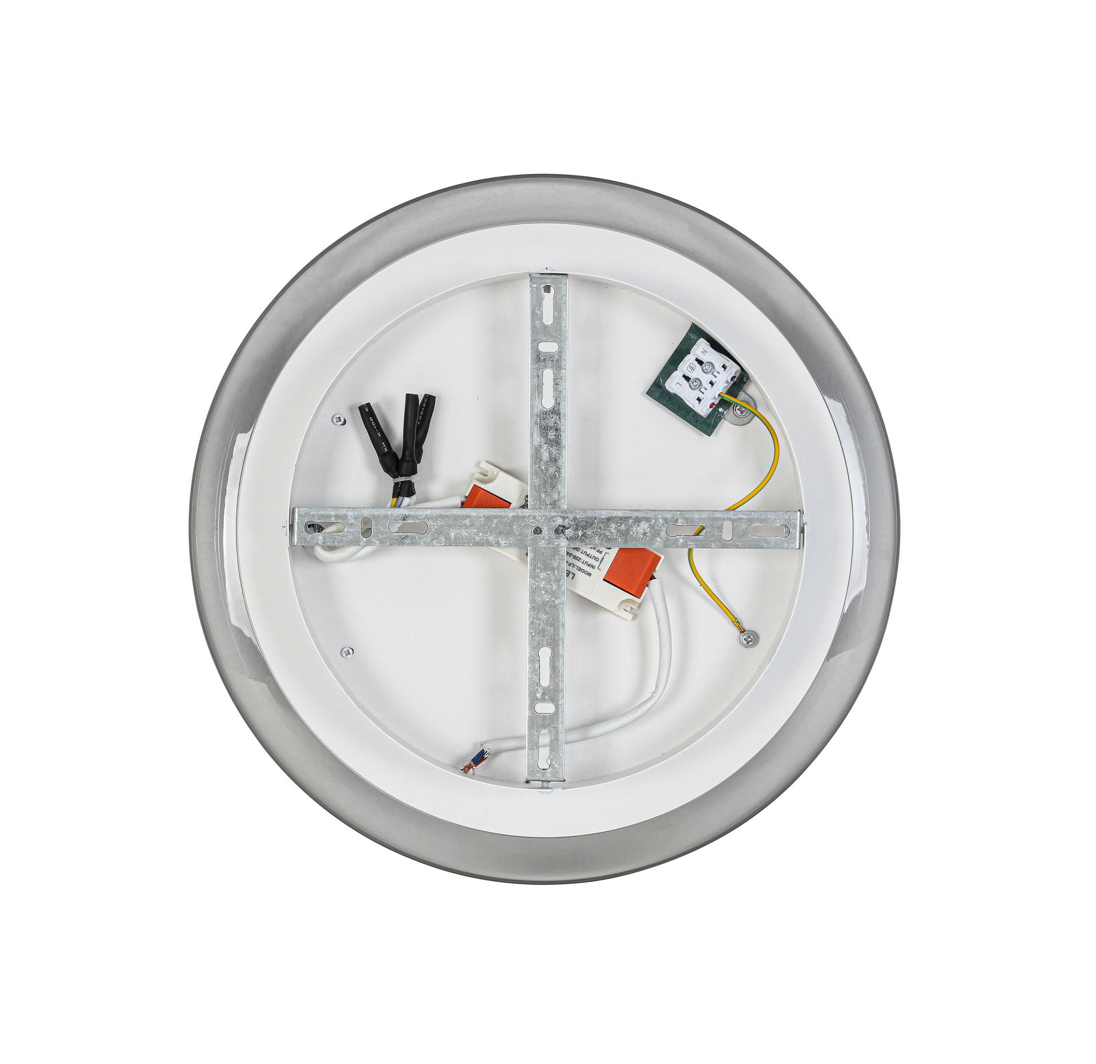 Runde LED-Deckenleuchte von oben mit sichtbarer Verkabelung und Metallhalterung.