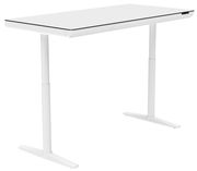 Moderner weißer E-Schreibtisch mit höhenverstellbaren Beinen, seitliche Perspektive