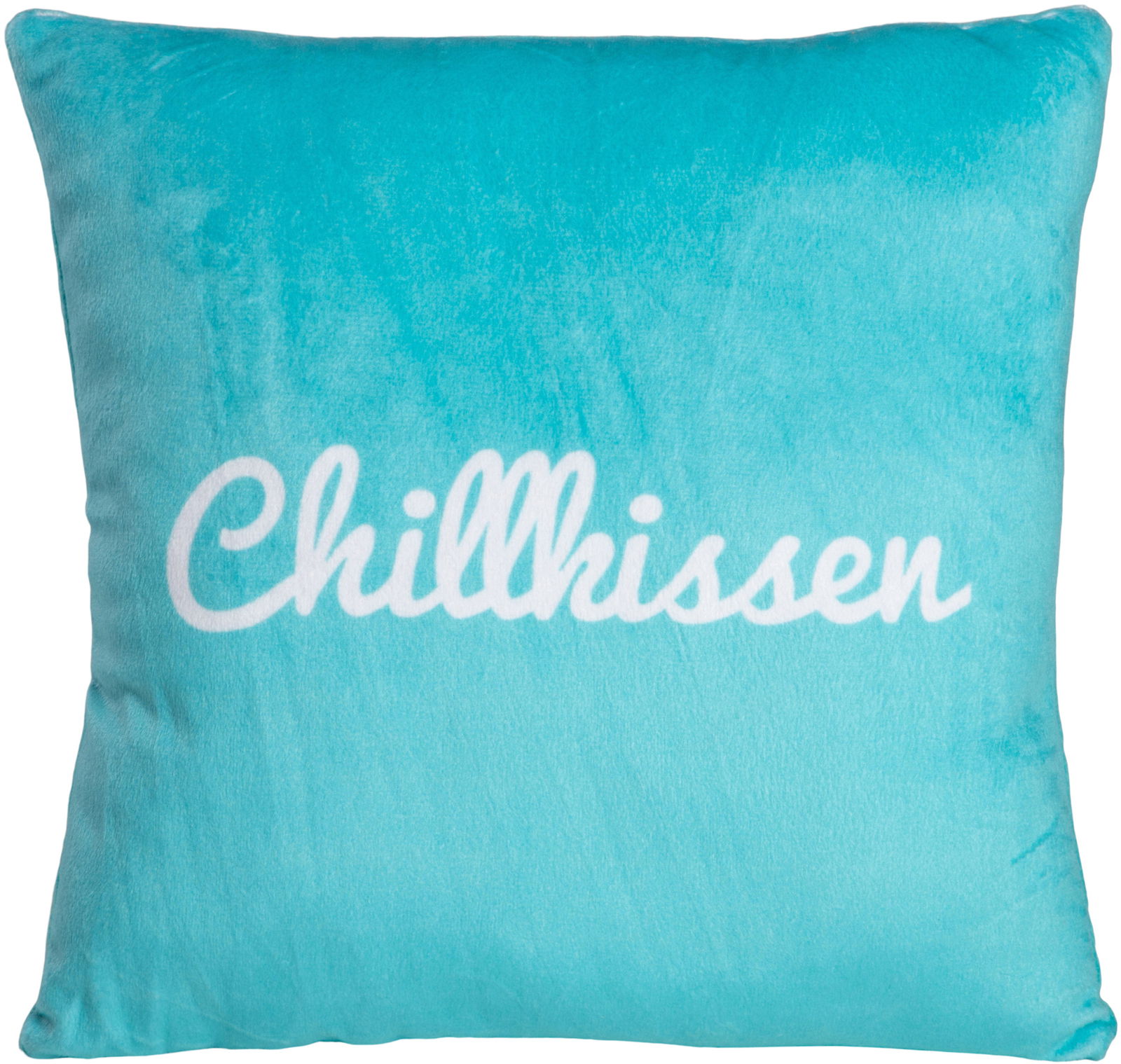 Türkises Dekokissen mit dem Schriftzug 'Chillkissen' in weißer Schrift, frontal abgebildet.