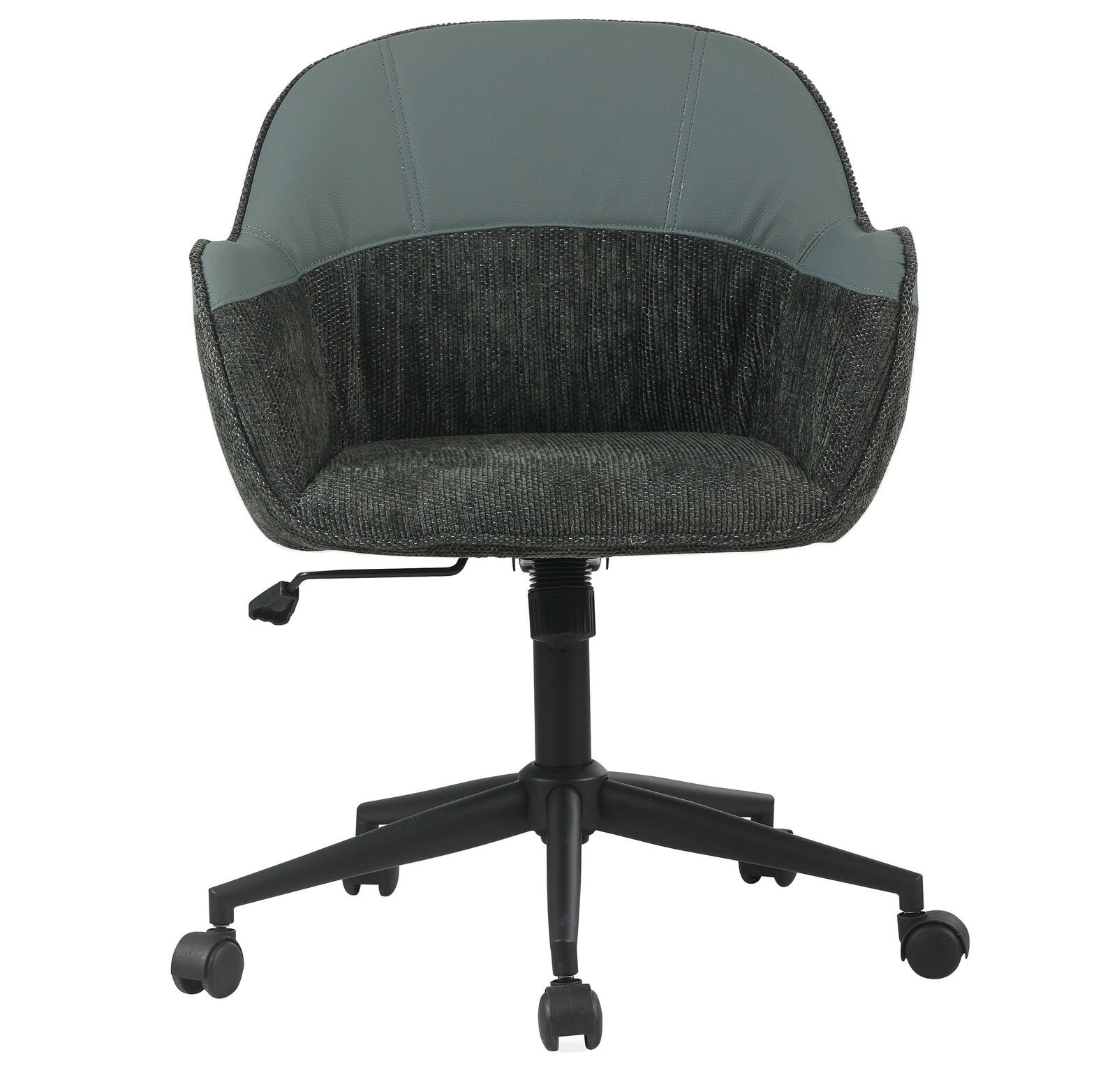 Moderner Drehstuhl in Grau mit gepolstertem Sitz und Rückenlehne, Vorderansicht