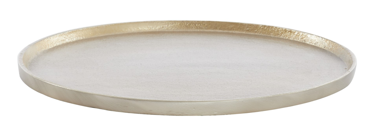 Goldene, flache Schale aus Metall, seitliche Perspektive