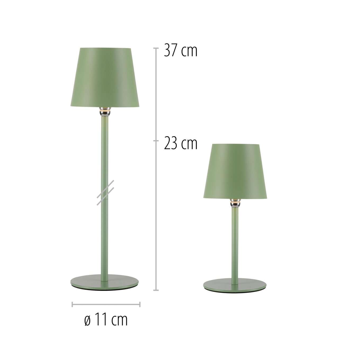 Zwei grüne Akku-Tischleuchten BOTERIA in unterschiedlichen Höhen, frontal betrachtet. Eine ist 37 cm hoch, die andere 23 cm, beide mit einem Durchmesser von 11 cm.