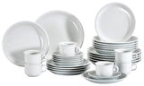 Kombiservice Trend weiß 30-teilig, bestehend aus Tellern, Tassen und Untertassen, aus seitlicher Perspektive fotografiert.