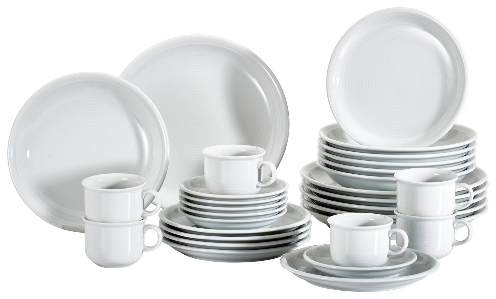 Kombiservice Trend weiß 30-teilig, bestehend aus Tellern, Tassen und Untertassen, aus seitlicher Perspektive fotografiert.