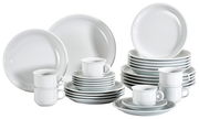 Kombiservice Trend weiß 30-teilig, bestehend aus Tellern, Tassen und Untertassen, aus seitlicher Perspektive fotografiert.