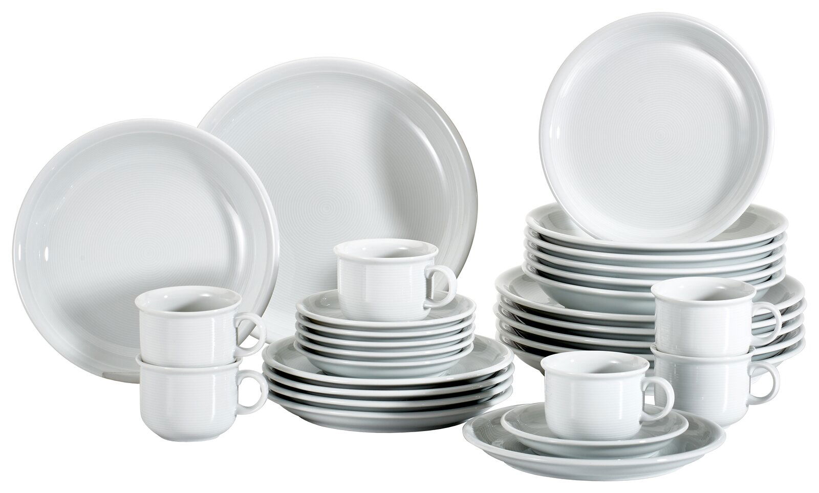 Kombiservice Trend weiß 30-teilig, bestehend aus Tellern, Tassen und Untertassen, aus seitlicher Perspektive fotografiert.
