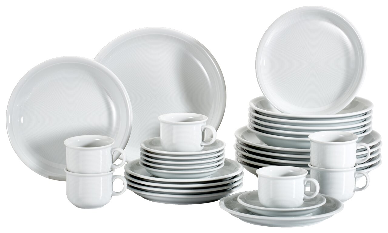Kombiservice Trend weiß 30-teilig, bestehend aus Tellern, Tassen und Untertassen, aus seitlicher Perspektive fotografiert.