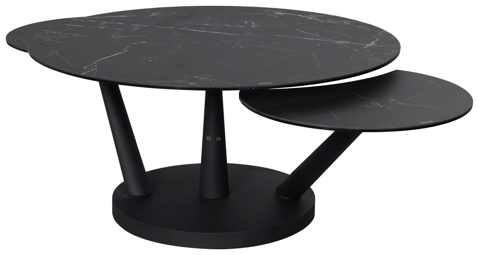 Moderner schwarzer Couchtisch mit zwei runden Tischplatten in Marmoroptik, seitliche Perspektive