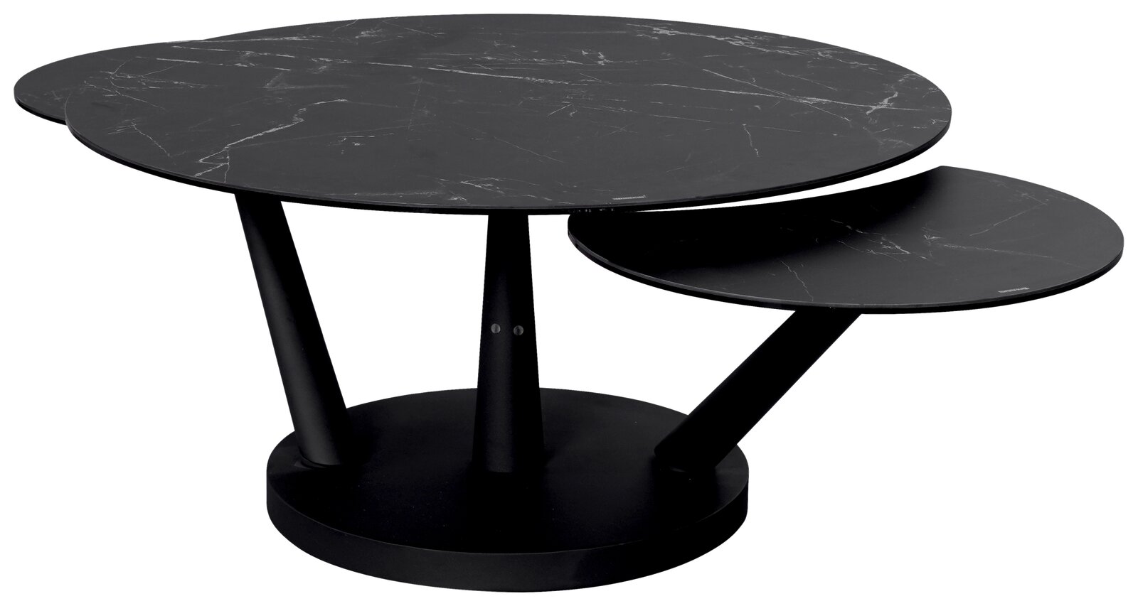Moderner schwarzer Couchtisch mit zwei runden Tischplatten in Marmoroptik, seitliche Perspektive