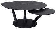 Moderner schwarzer Couchtisch mit zwei runden Tischplatten in Marmoroptik, seitliche Perspektive