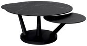 Moderne zwarte salontafel met twee ronde tafelbladen in marmerlook, zijaanzicht