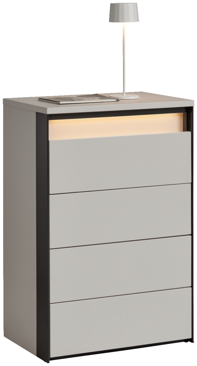 Voleo Hochkommode ZAYA Hochkommode mit vier Schubladen, moderne graue Oberfläche, seitliche schwarze Akzente, mit Tischlampe und Buch auf der Oberseite, seitliche Perspektive