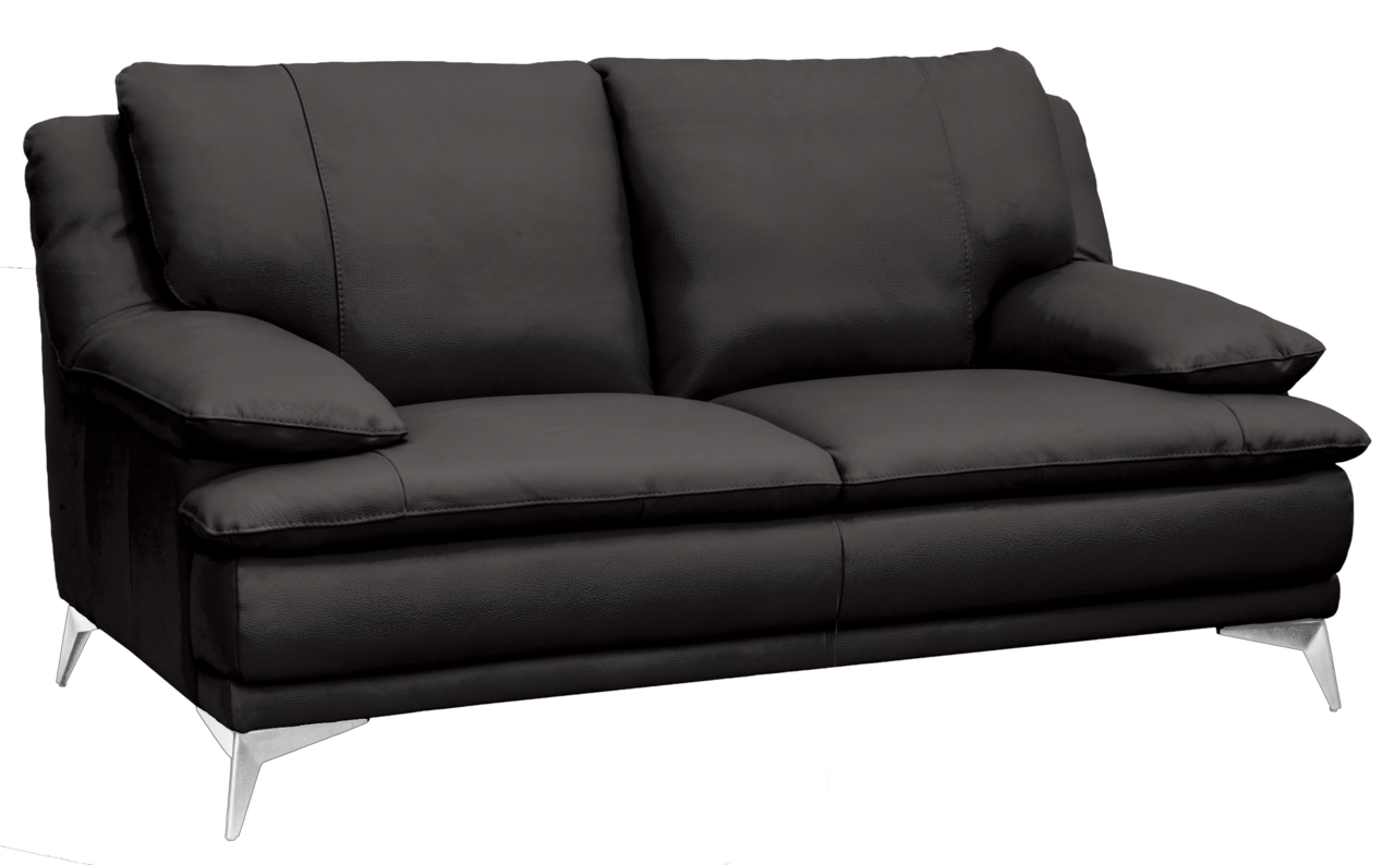 Zweiersofa in dunklem Leder mit Metallfüßen, seitliche Perspektive