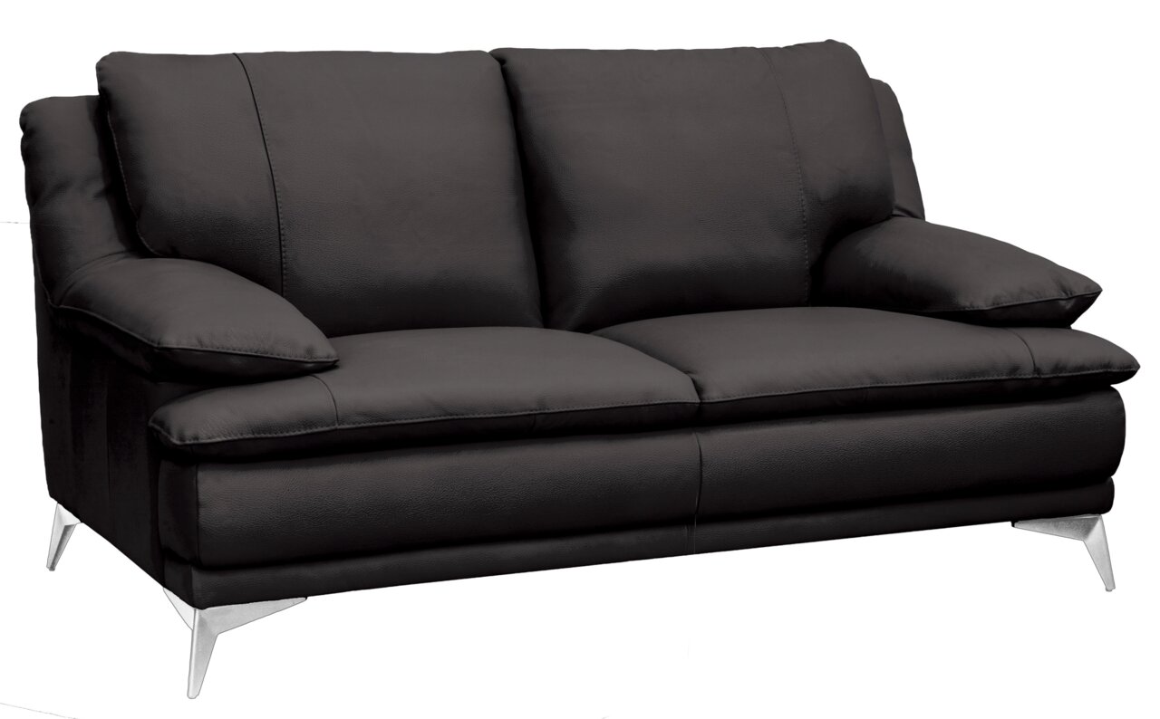 Zweiersofa in dunklem Leder mit Metallfüßen, seitliche Perspektive