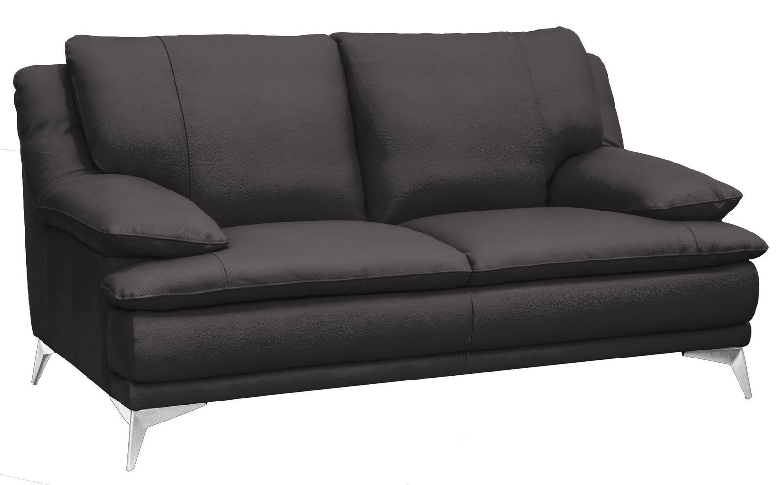 Zweiersofa in dunklem Leder mit Metallfüßen, seitliche Perspektive