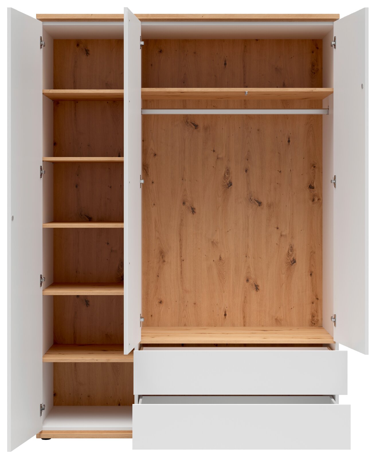 Geöffneter Kleiderschrank in Weiß mit Holzoptik innen, links mit mehreren Einlegeböden, rechts mit Kleiderstange und Ablage, unten zwei ausgezogene Schubladen Frontansicht