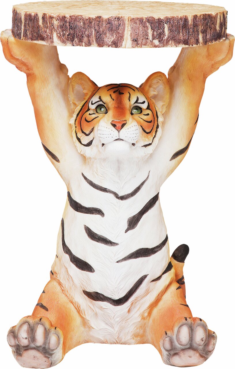 Beistelltisch in Form eines sitzenden Tigers, der eine Tischplatte in Holzoptik über dem Kopf hält. Frontalansicht.