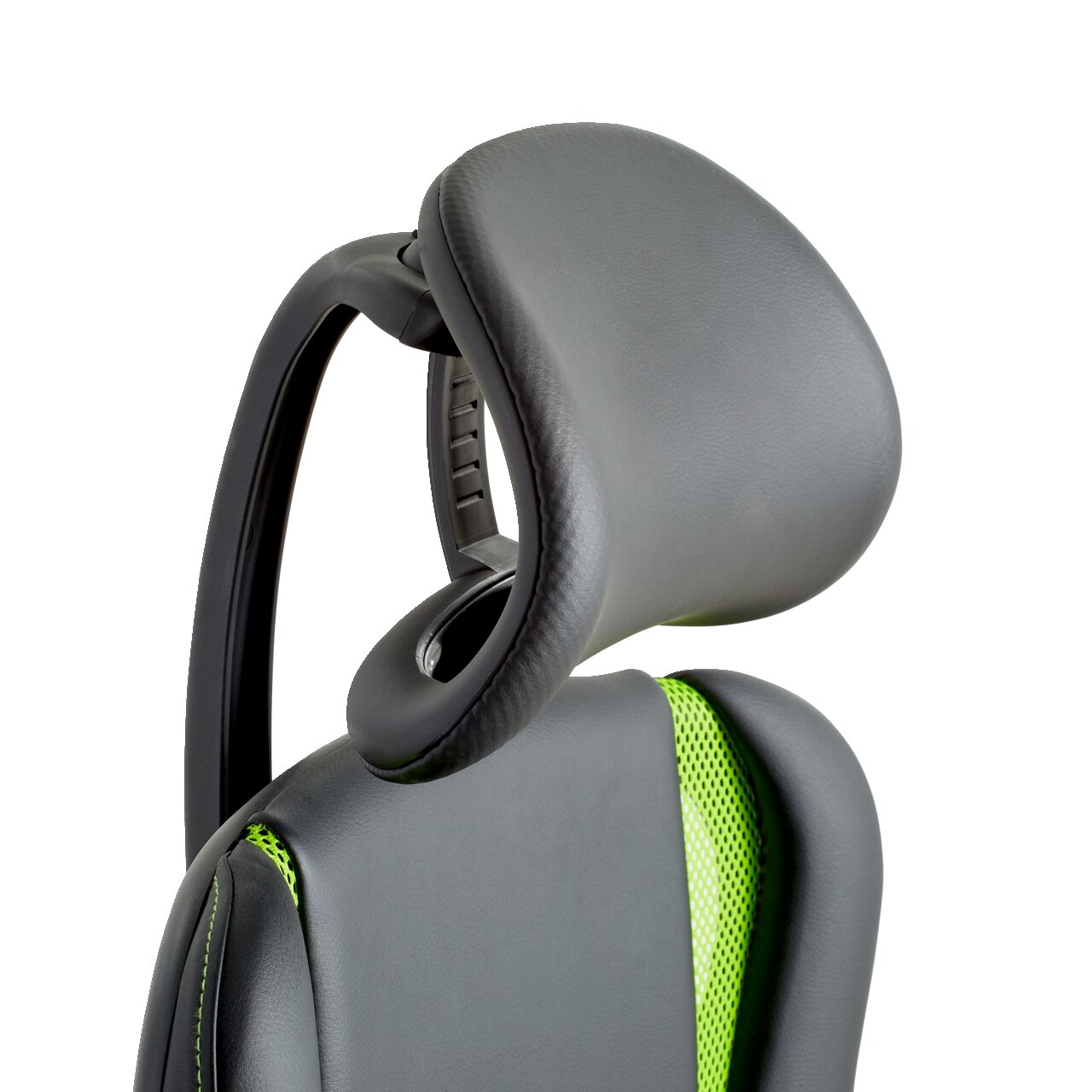 Close-up van een gamingstoel met ergonomische hoofdsteun en groene accenten, gezien vanaf de zijkant