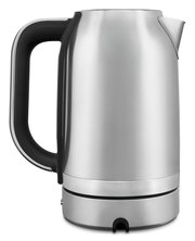 Silberner Wasserkocher mit schwarzem Griff, seitliche Ansicht