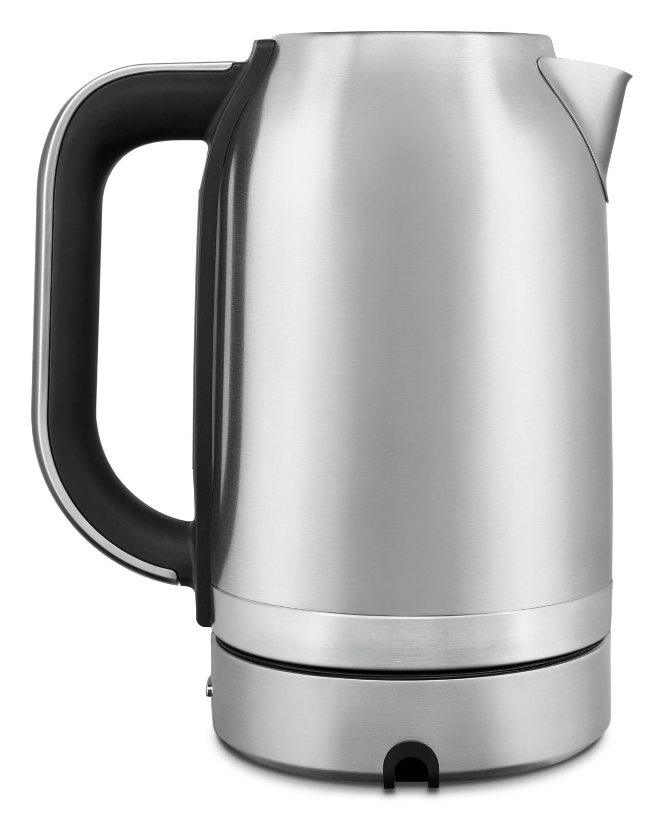 Silberner Wasserkocher mit schwarzem Griff, seitliche Ansicht