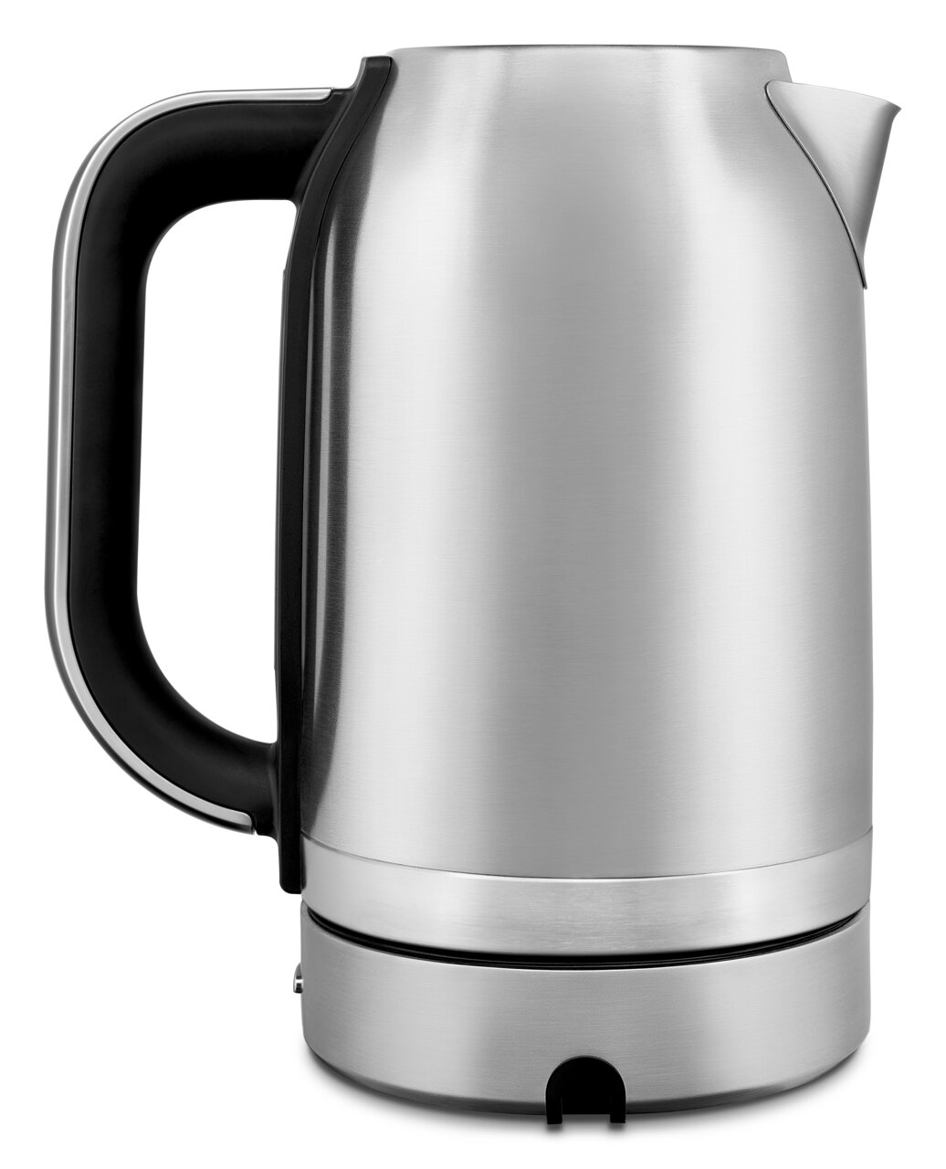 Silberner Wasserkocher mit schwarzem Griff, seitliche Ansicht
