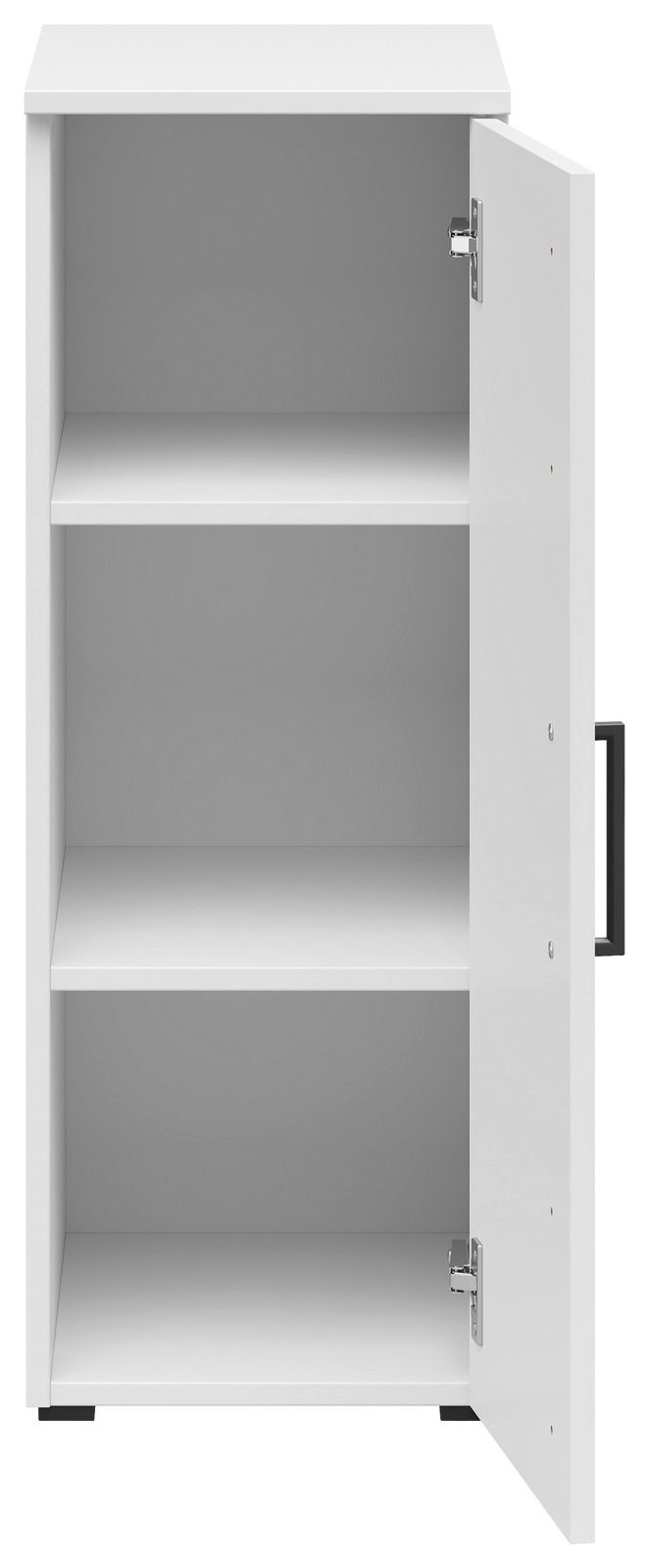 Weißer Mehrzweckschrank mit zwei Einlegeböden, geöffnete Tür, Frontalansicht