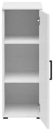 Weißer Mehrzweckschrank mit zwei Einlegeböden, geöffnete Tür, Frontalansicht