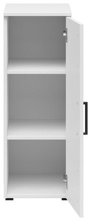 Weißer Mehrzweckschrank mit zwei Einlegeböden, geöffnete Tür, Frontalansicht