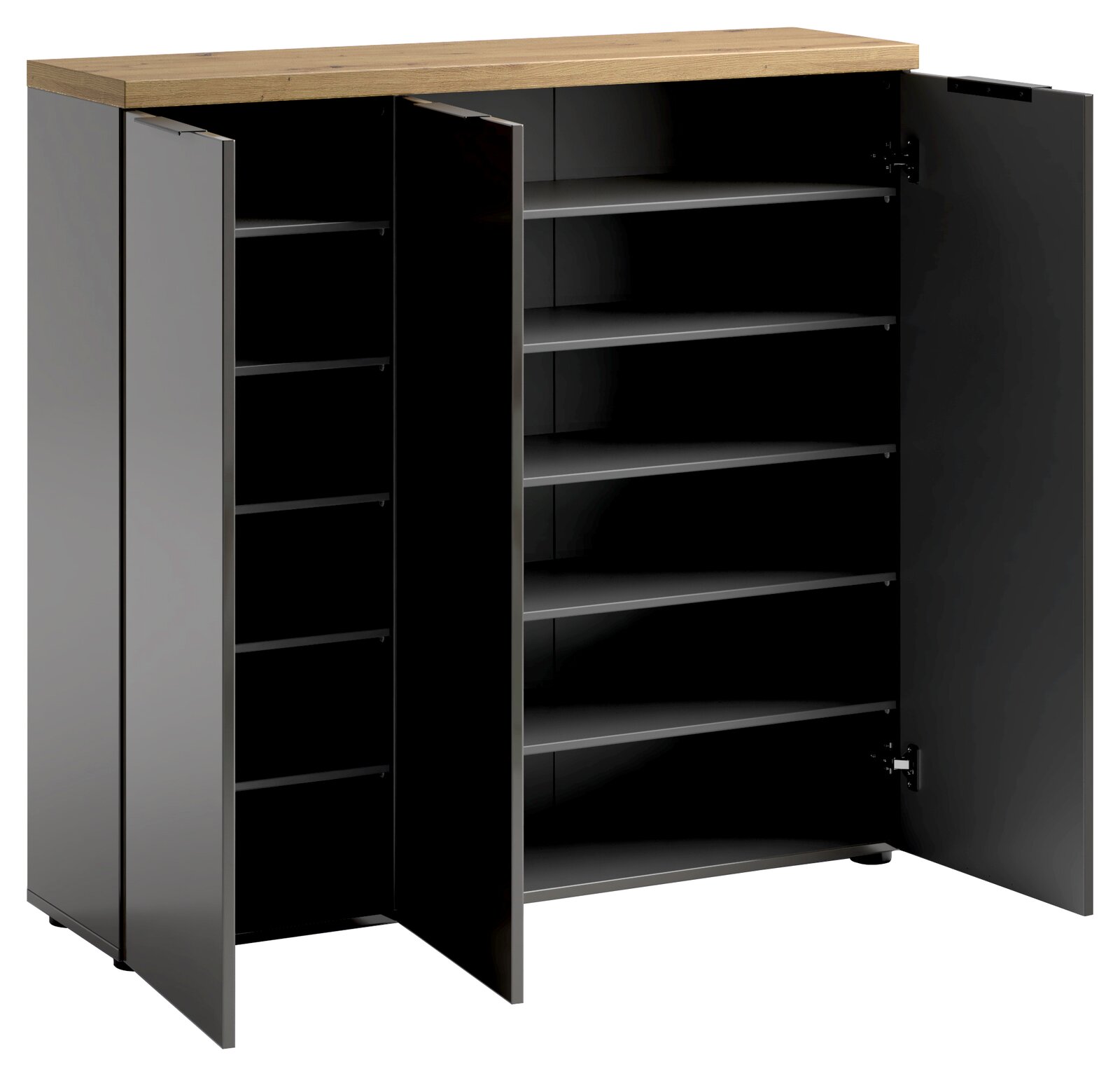Offener XL-Schuhschrank mit mehreren Regalböden, dunkle Türen und helle Holzoberfläche, Frontalansicht